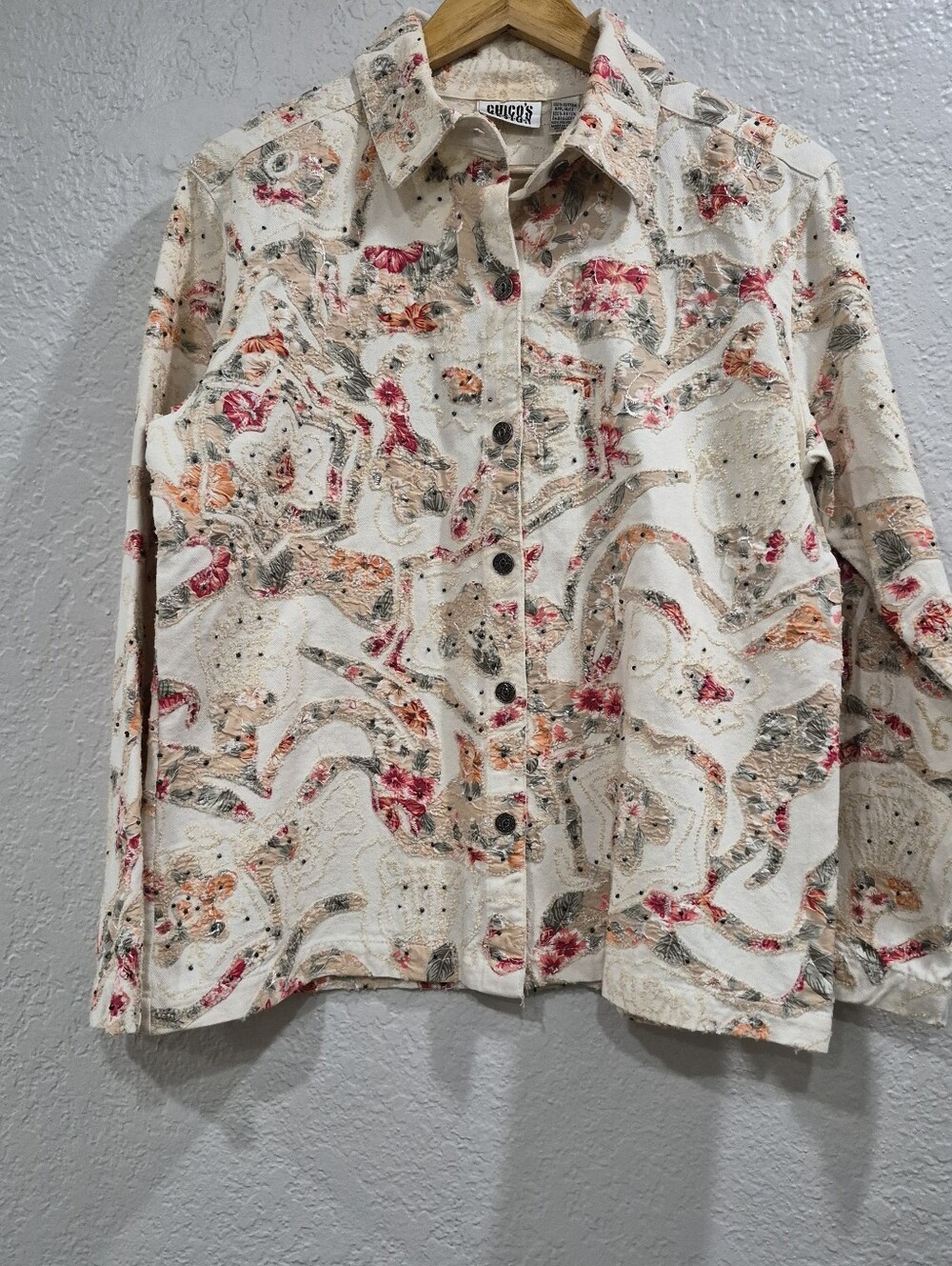 Chico's Design Floral Embroidered Button Front Jacket Size 2 L Cream Beaded